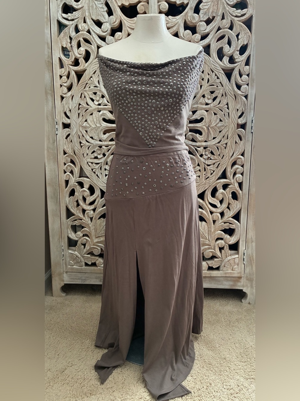 Fashion Nova Taupe 2-Piece Top & Skirt with Stud Accents